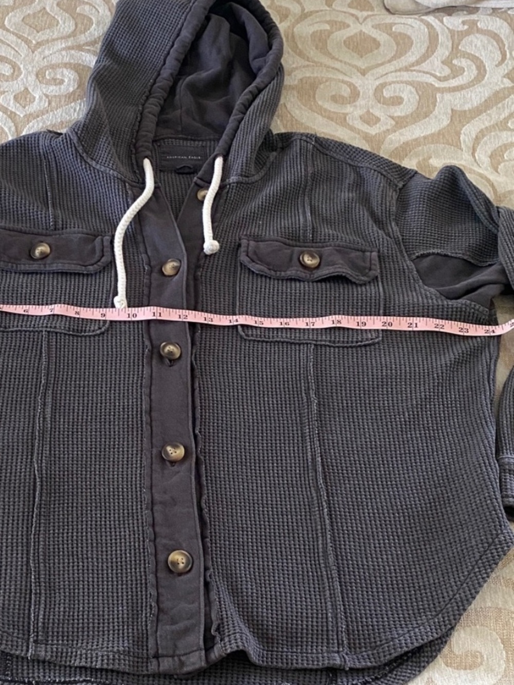 American Eagle Charcoal Waffle Knit Hooded Shacket Size Small Oversized - Picture 4 of 11